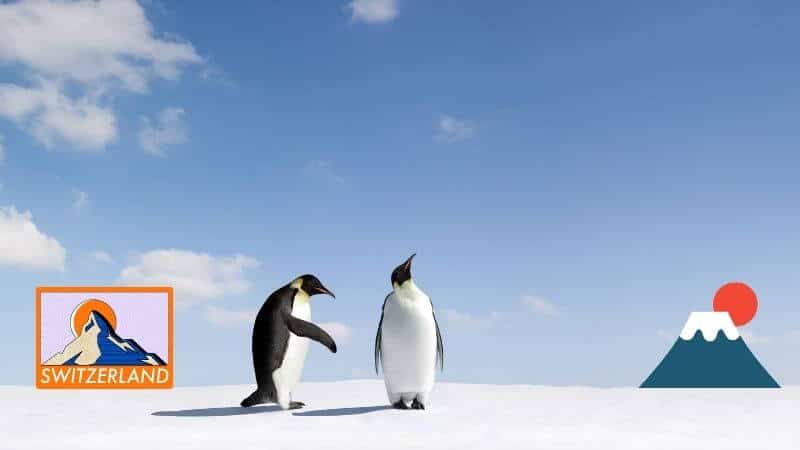 ご近所トラブルへの多王書方法に出る日本とスイス文化のちがい。話し合いをしているペンギン。