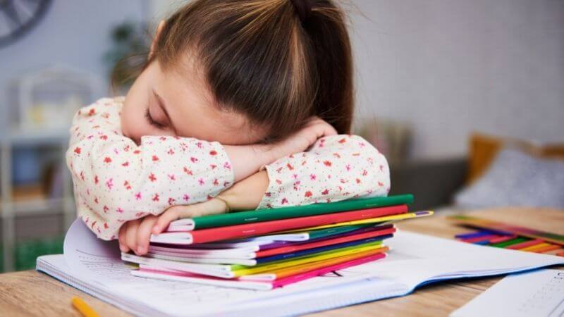 勉強しすぎで疲れて居眠りする小学生の女の子